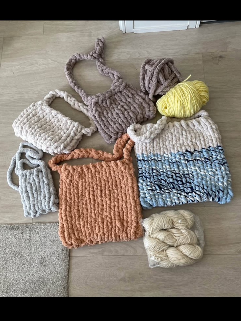 Handmade Chunky Knit Bags in Neutral & Pastel Shades and Extra Yarn Bundle